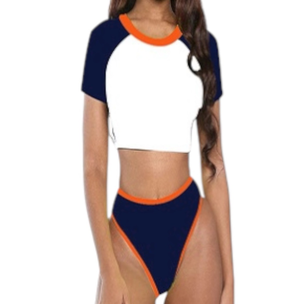 SOLD NIB Orange, Navy & White Colorblock Crop Rash Guard & Thong 2 Piece Swimwea